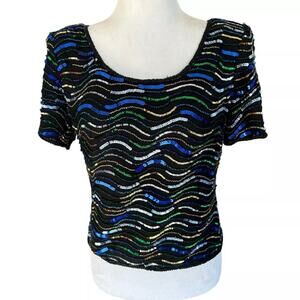 80s Vintage Laurence Kazar Blouse Sequin Beaded Silk Shirt Striped Glam Retro
